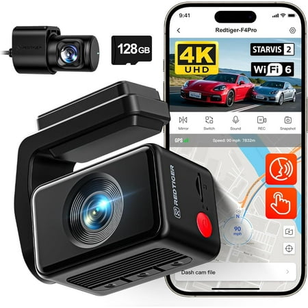 F4 Pro 4K Dash Cam Front and Rear, STARVIS 2 Sensor, 128GB Card Included, Built-in 5.8GHz WiFi6, 2.2inch Touch Screen Dash Camera for Cars, Voice Control, 24H Parking Mode