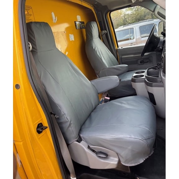 F466 2009-2018 Ford E150-E450 Van Front High Back Bucket Seats with Molded Headrests and 1 Armrest Per Seat in Dark Gray Twill