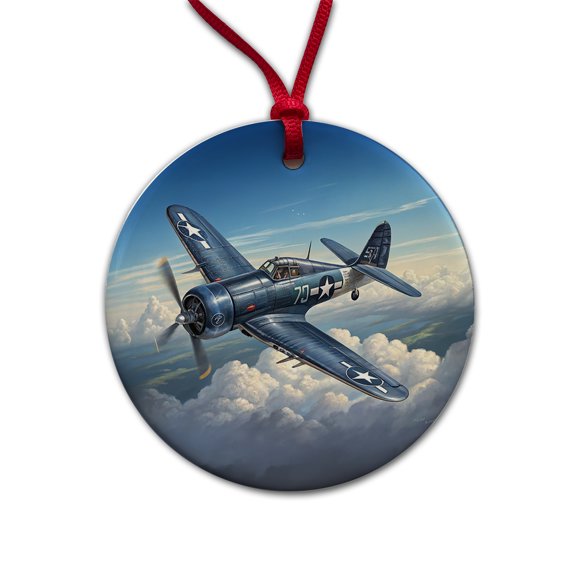 F4U Corsair WWII US Navy Marines Fighter Plane Christmas Tree Holiday Round Ceramic Ornament