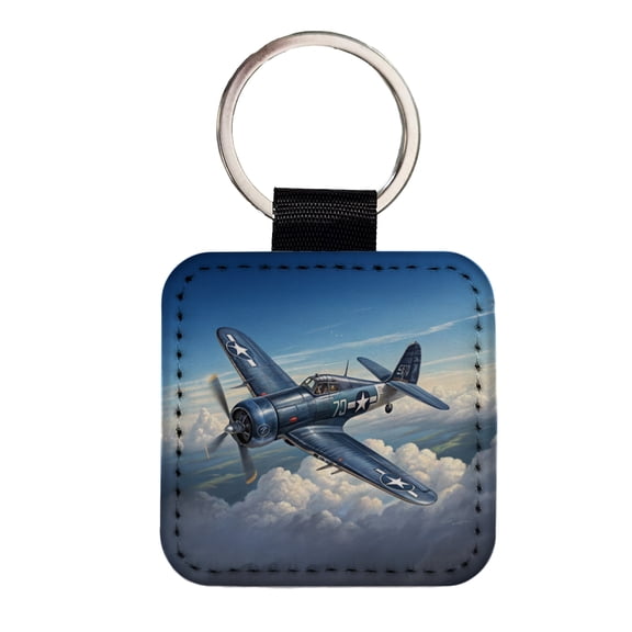 F4U Corsair WWII US Navy Marines Fighter Plane Faux Leather Square Keychain