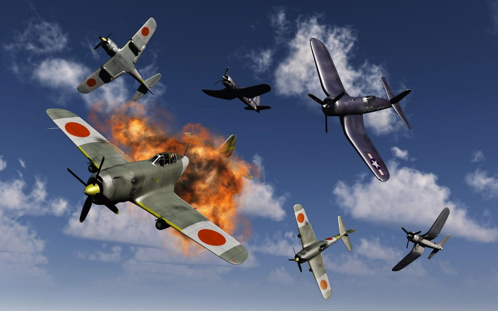 F4U Corsair aircraft and Japanese Nakajima fighter planes in aerial combat Canvas Art - Mark StevensonStocktrek Images (36 x 23)