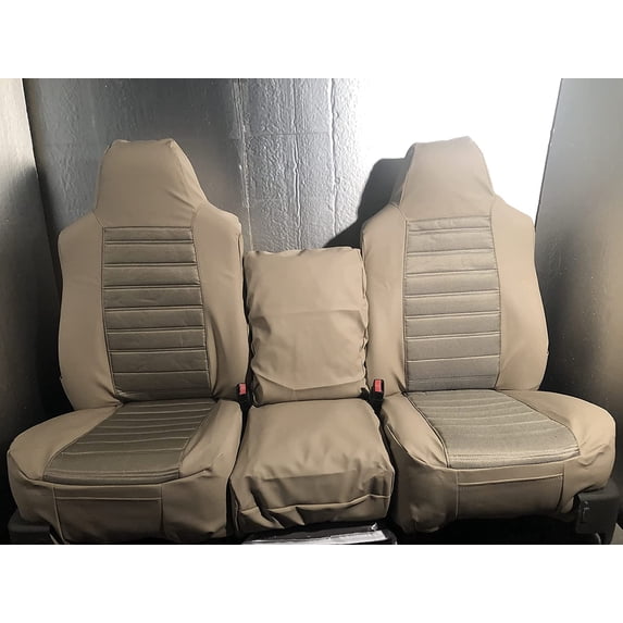 F58 2002-2010 Ford F250-F550 Super Duty Front 40/20/40 Split Bench Seat with Molded Headrests and Opening Console in Beige and Tan Leatherette Two Tone