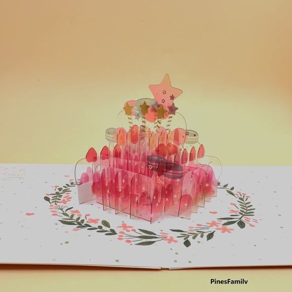 F6-3D Pop Up Crystal Pink Crystal Cake Birthday Card Ship Immediately Within US