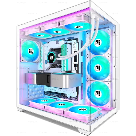 F600 PC Case - Pre-Installed 7 PWM ARGB Fan, ATX Mid-Tower Gaming Case, 270 Panoramic Glass with Type-C, FOIFKIN (White, F600)