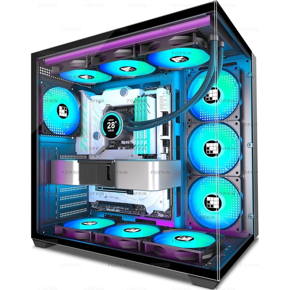 F600 PC Case - Pre-Installed 7 PWM ARGB Fan, ATX Mid-Tower Gaming PC Case, 270 Panoramic Glass with Type-C, (Black, F600)