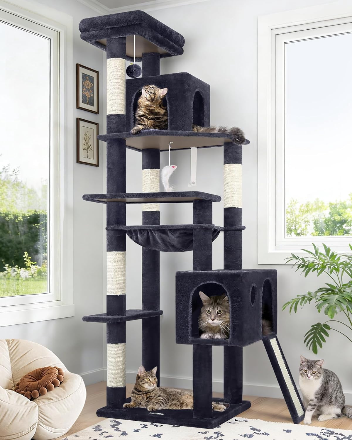 F70 Pro Cat Tree - 70" Tall, Removable Perch, Sisal Scratching Posts, Light Grey Heavy Duty Cat Tower for Large Cats
