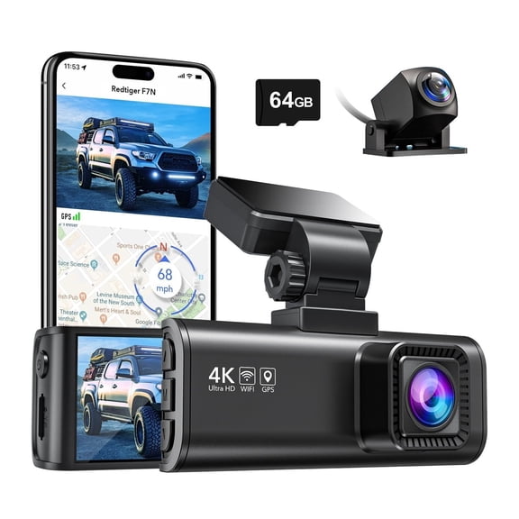 4K Dual Dash Cam with 64GB Card, Built-in WiFi GPS Front 4K/2.5K and Rear 1080P Dual Dash Camera for Cars,3.18 inch Screen,170 Wide Angle, Parking Monitor, Support 256GB Max