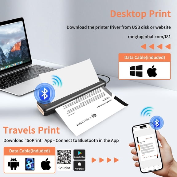 F81 Portable Inkless Thermal Printer Wireless for Travel Office Home Car Supports 8.5x11 US Letter Gray