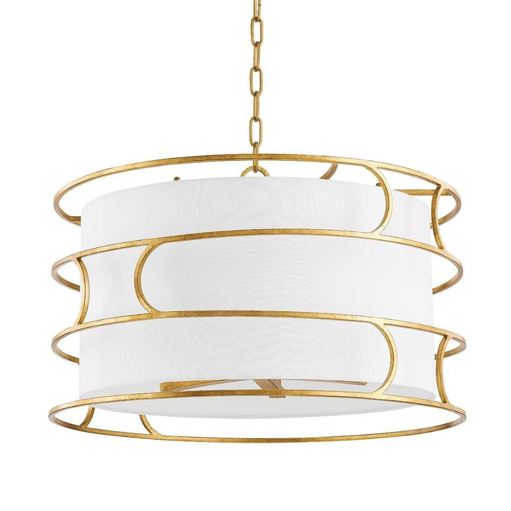 Reedley Vintage Gold Leaf Drum Chandelier with White Linen Shade