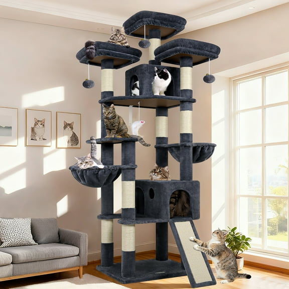 Globlazer 83'' Multi-Level Large Cat Tree Tower for Indoor Cats with Sisal Scratching Post, Hammock & 2 Condos, Dark Gray