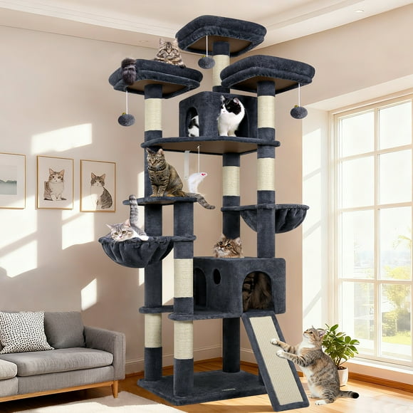 Globlazer 83'' Multi-Level Large Cat Tree Tower for Indoor Cats with Sisal Scratching Post, Hammock & 2 Condos, Dark Gray