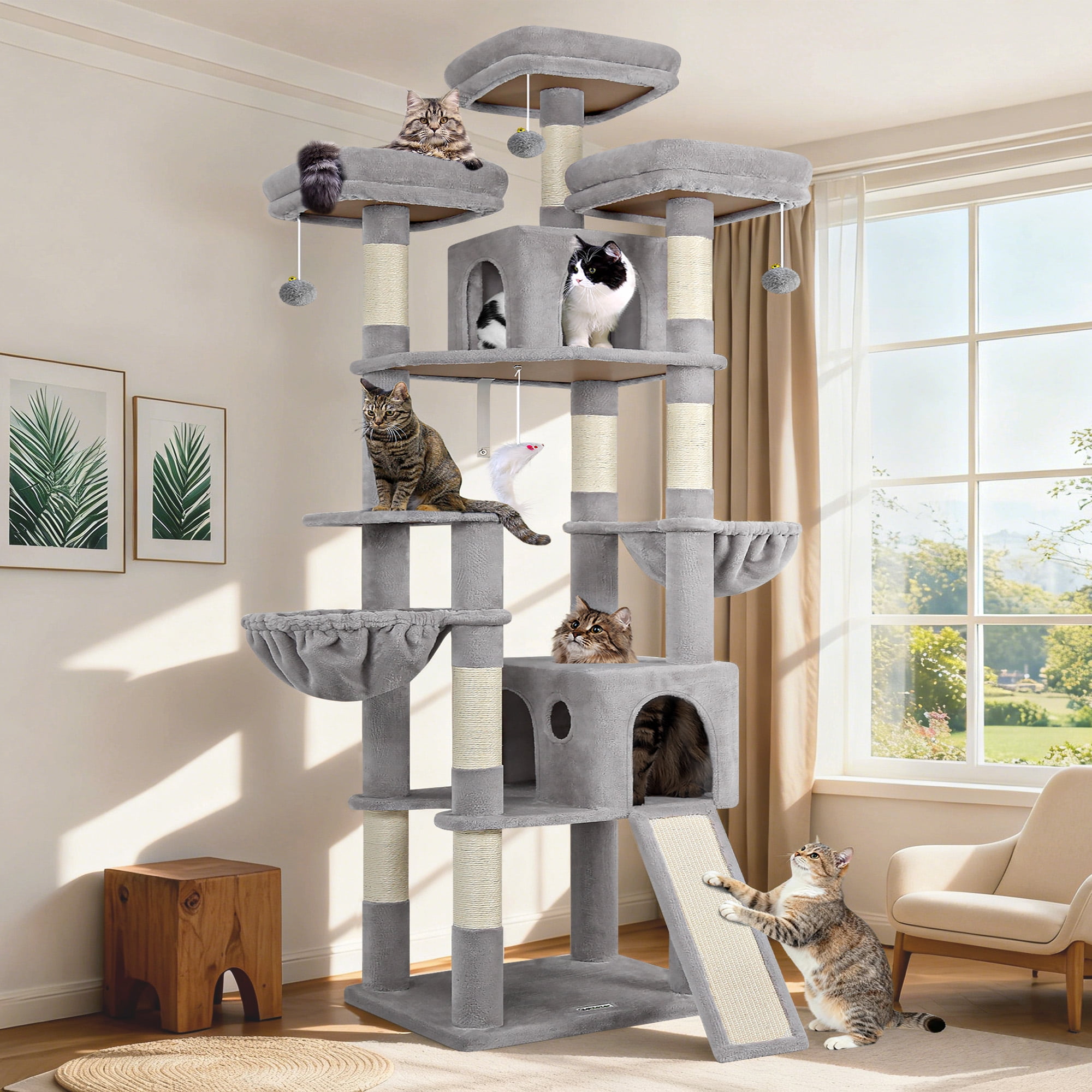 F83D Big Cat Tower for Indoor Cats, 83" XXL Cat Tree with Scratching Post, Hammock & 2 Condos,Light Gray