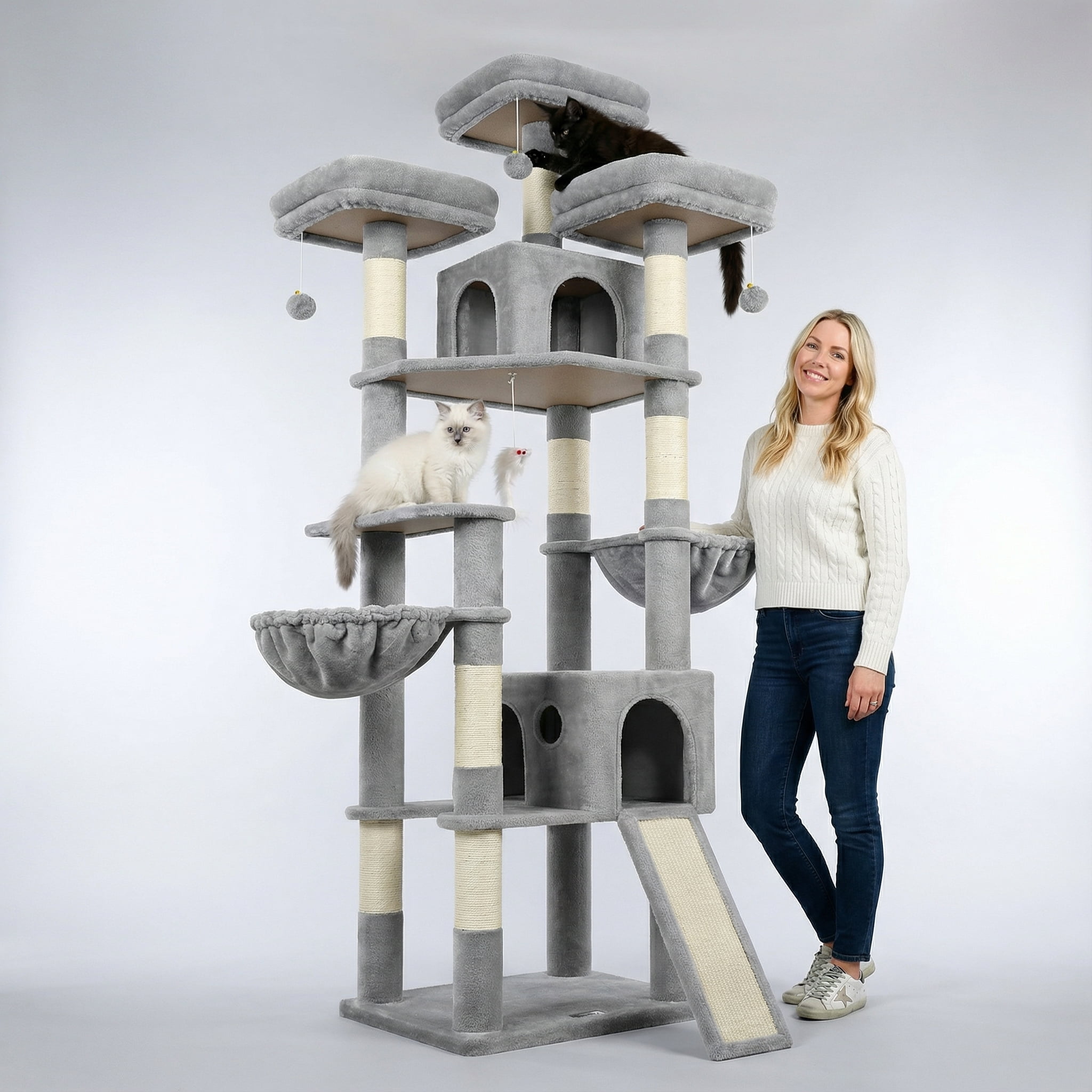 Walmart Saving of  F83D Big Cat Tower for Indoor Cats, 83" XXL Cat Tree with Scratching Post, Hammock & 2 Condos,Light Gray