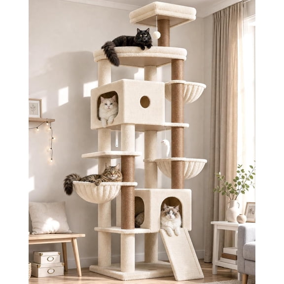F83C Heavy Duty Tall Tree, 83in Multi-Level Tower, Beige | Easy Assembly, Maine Coon, Large Cats, Tall Tower, 2 Condos, 3 Baskets, 2 Perches, 7 Sisal Posts, Anti-Topple Strap