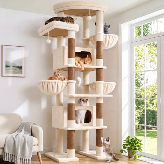 Globlazer 84" Large Corner Cat Tree , Multi-Level Cat Tree Fan-Shaped Tower with 2 Condos, Sisal Scratching Posts & Hammock, Beige