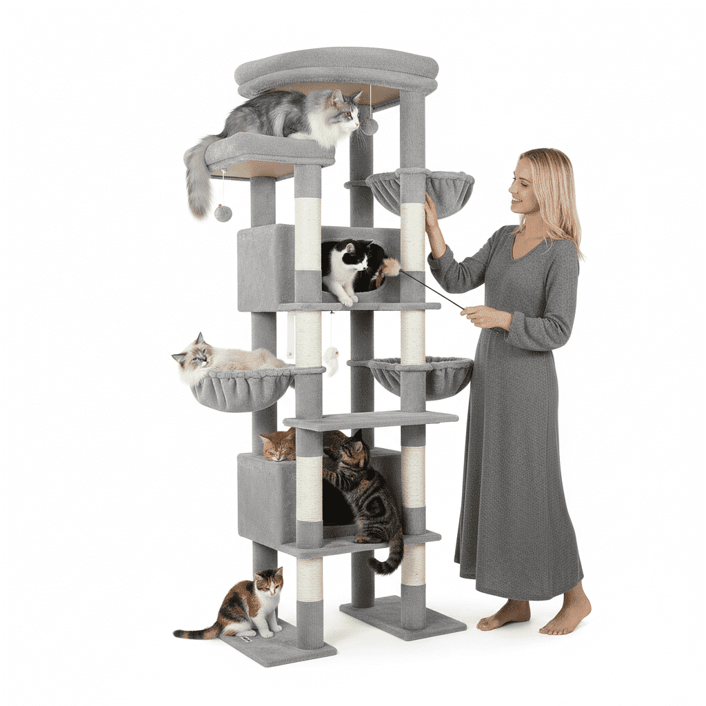Cat Tower for Indoor Cats,Globlazer 84''H Multilevel Large Cat Tree Scratching Post Tower with Scratching Post, Hammock & 2 Condos,Light Gray