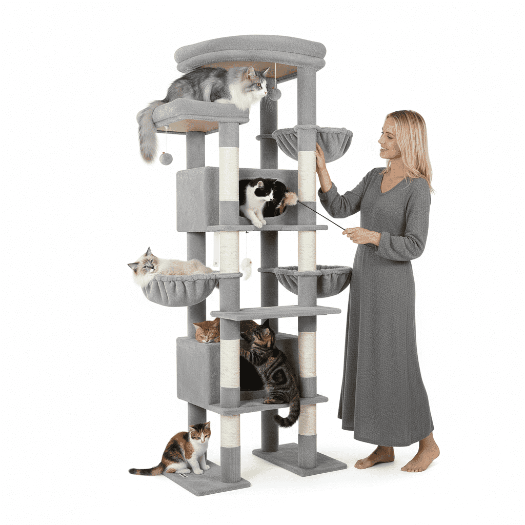 F84 Big Cat Tower for Indoor Cats, 84" XXL Cat Tree with Scratching Post, Hammock & 2 Condos,Light Gray