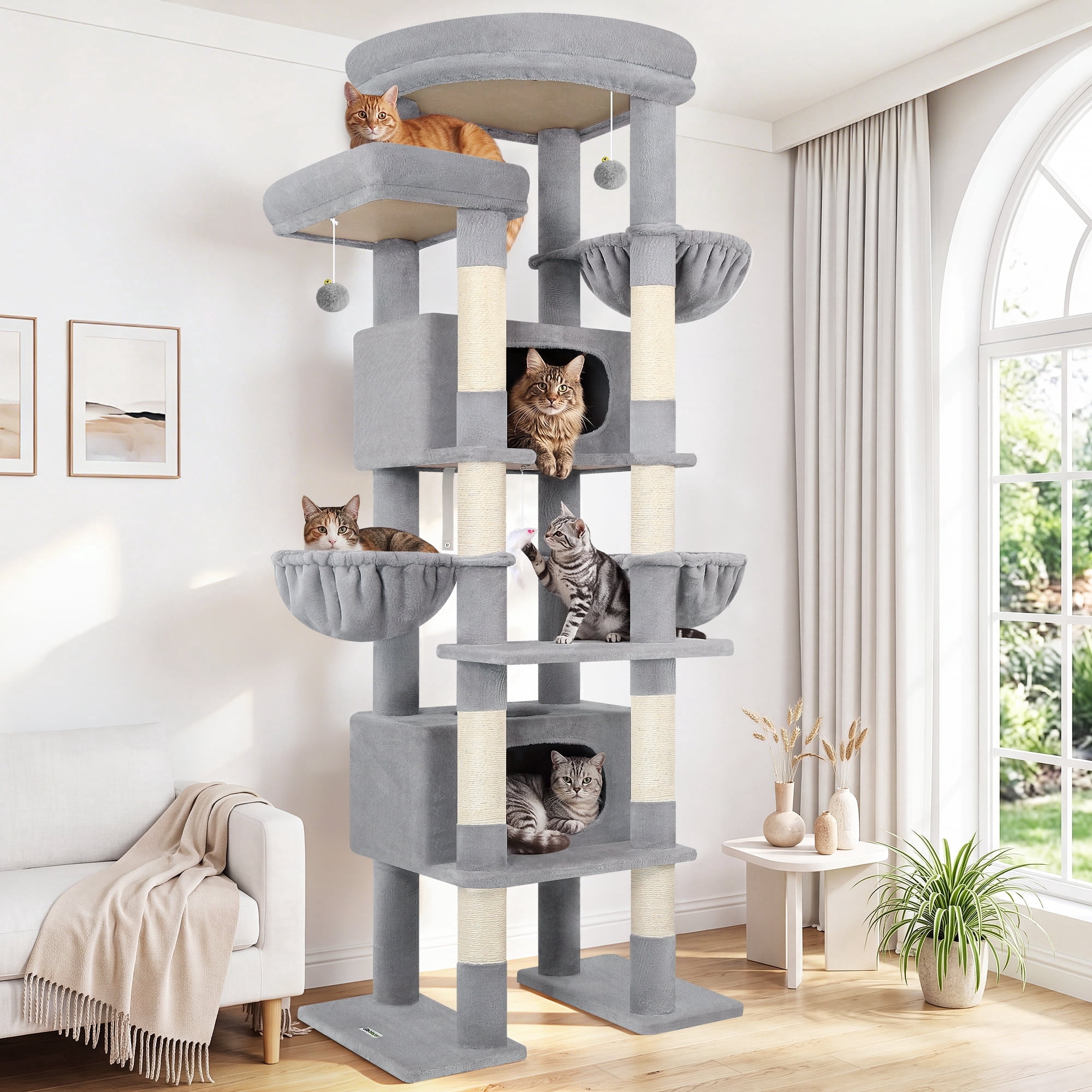 Globlazer 84" Multilevel Large Cat Tree Tower for Indoor Cats with 2 Condos, 3 Hanging Baskets & 8 Scratching Posts, Light Gray
