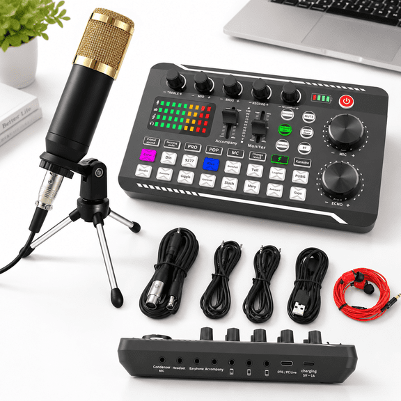 F998 Sound Card + BM800 Mic Tripod Set Podcast Bundle for Streaming and Recording