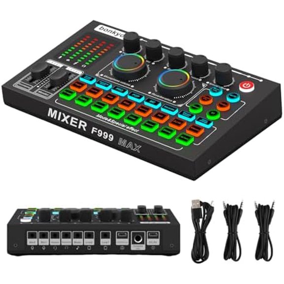 F999MAX Live Sound Card, Professional Audio Mixer & Noise Reduction, Metal Body & Indicator Panel, Audio Interface & Voice Changer, RGB Lighting Effects, DJ Mixer for Live/Gaming/Podcasting/Karaoke