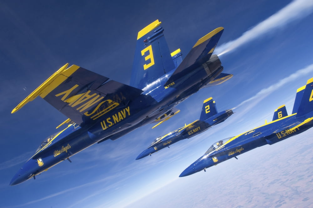 FA-18 Hornets of the Blue Angels fly in formation over Colorado Canvas Art - Stocktrek Images (34 x 23)