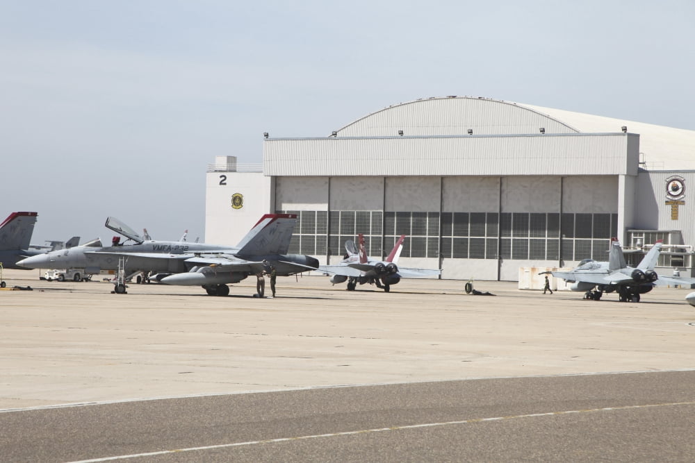 FA-18 Hornets on the flight line at MCAS Miramar California Canvas Art - Timm ZiegenthalerStocktrek Images (35 x 23)