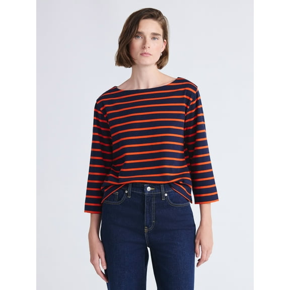 Free Assembly Women's and Women's Plus Striped Cotton Boatneck Tee with 3/4-Length Sleeves, Sizes XS-4X