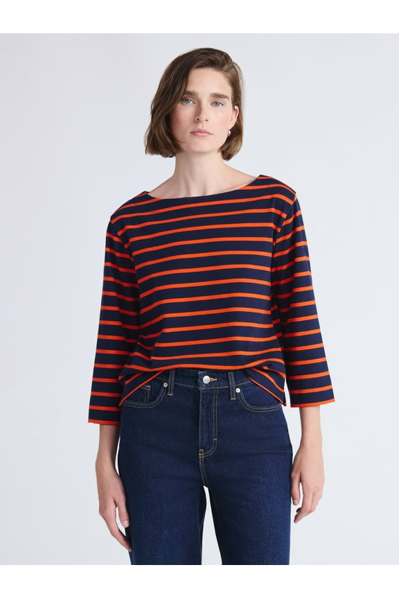 Women's and Women's Plus Striped Cotton Boatneck Tee with 3/4-Length Sleeves, Sizes XS-4X