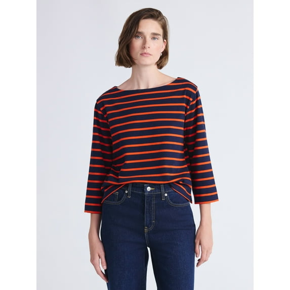 Free Assembly Women's and Women's Plus Striped Cotton Boatneck Tee with 3/4-Length Sleeves, Sizes XS-4X
