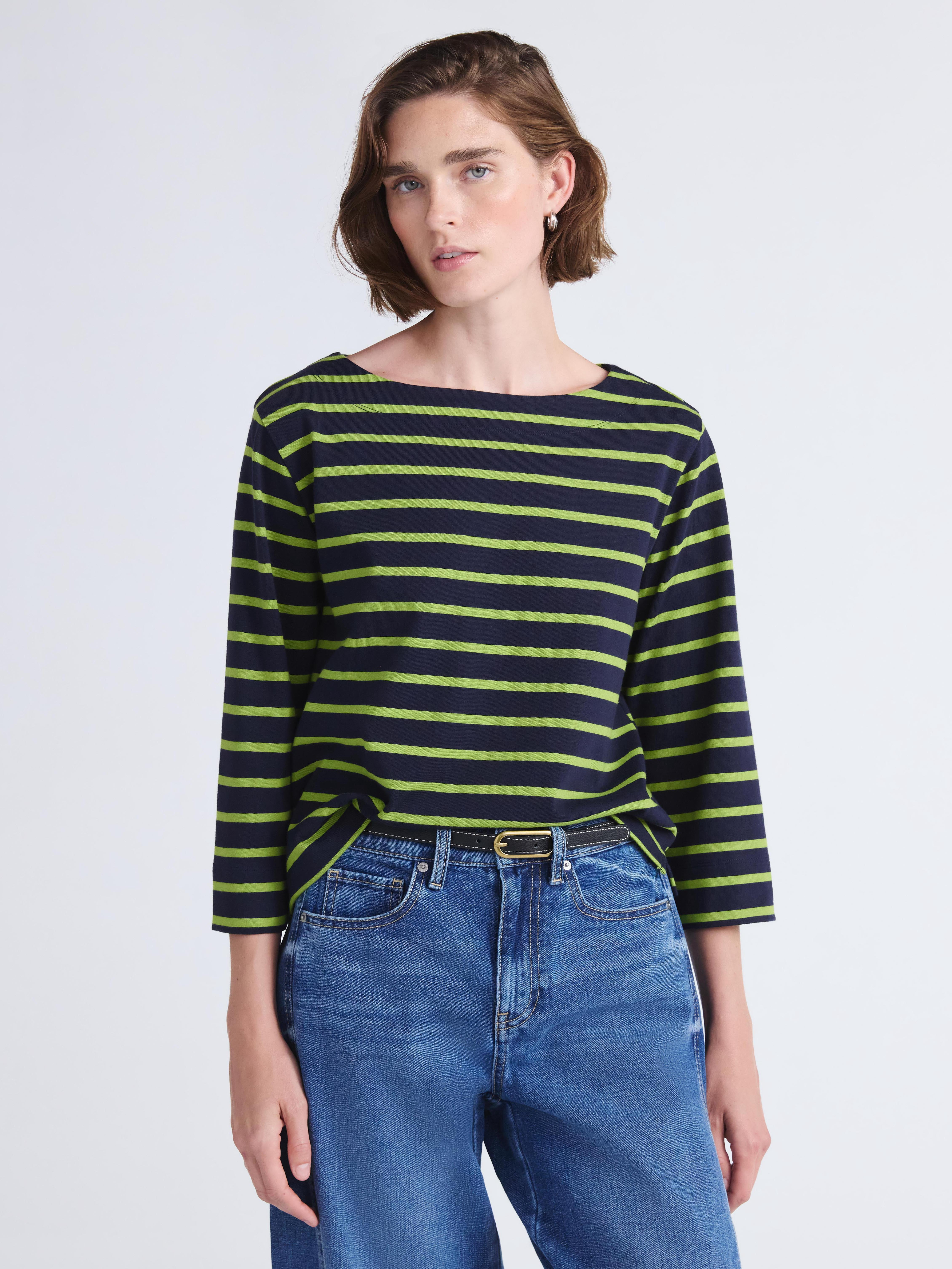 Free Assembly Women's Striped Cotton Boatneck Tee with 3/4-Length Sleeves, Sizes XS-XXL