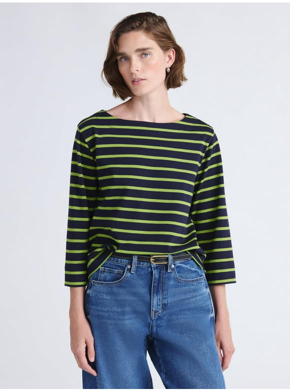 Women's and Women's Plus Striped Cotton Boatneck Tee with 3/4-Length Sleeves, Sizes XS-4X