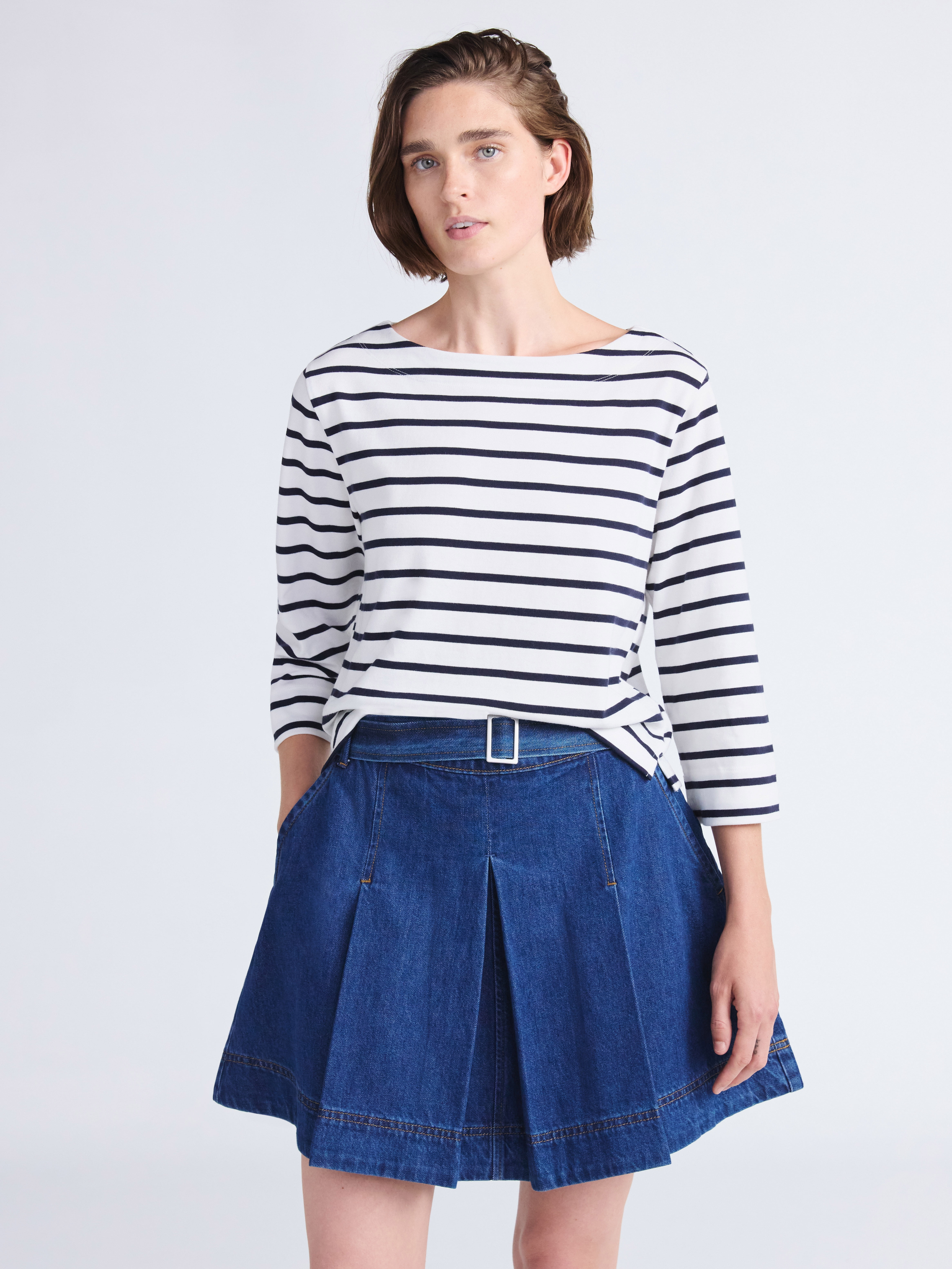Women's and Women's Plus Striped Cotton Boatneck Tee with 3/4-Length Sleeves, Sizes XS-4X