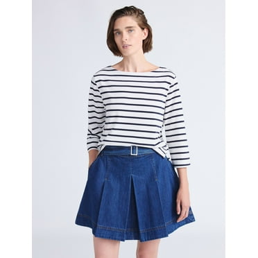 Free Assembly Women's and Women's Plus Striped Cotton Boatneck Tee with 3/4-Length Sleeves, Sizes XS-4X