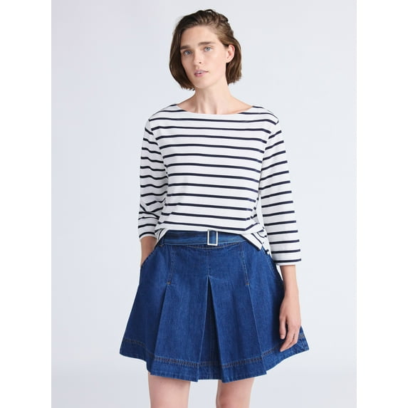 Free Assembly Women's and Women's Plus Striped Cotton Boatneck Tee with 3/4-Length Sleeves, Sizes XS-4X