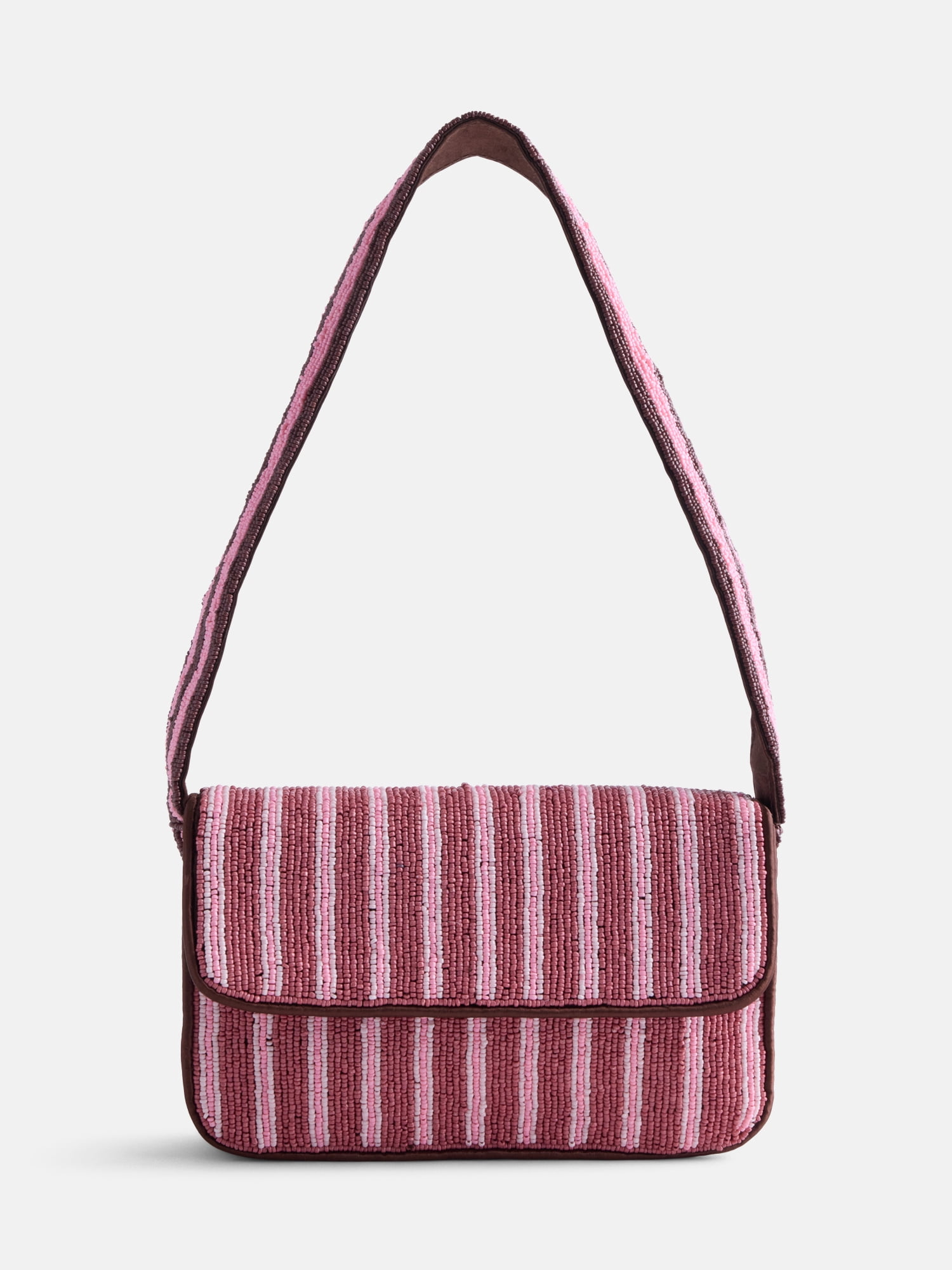 Free Assembly Women's Beaded Striped Flap Shoulder Bag, Pink