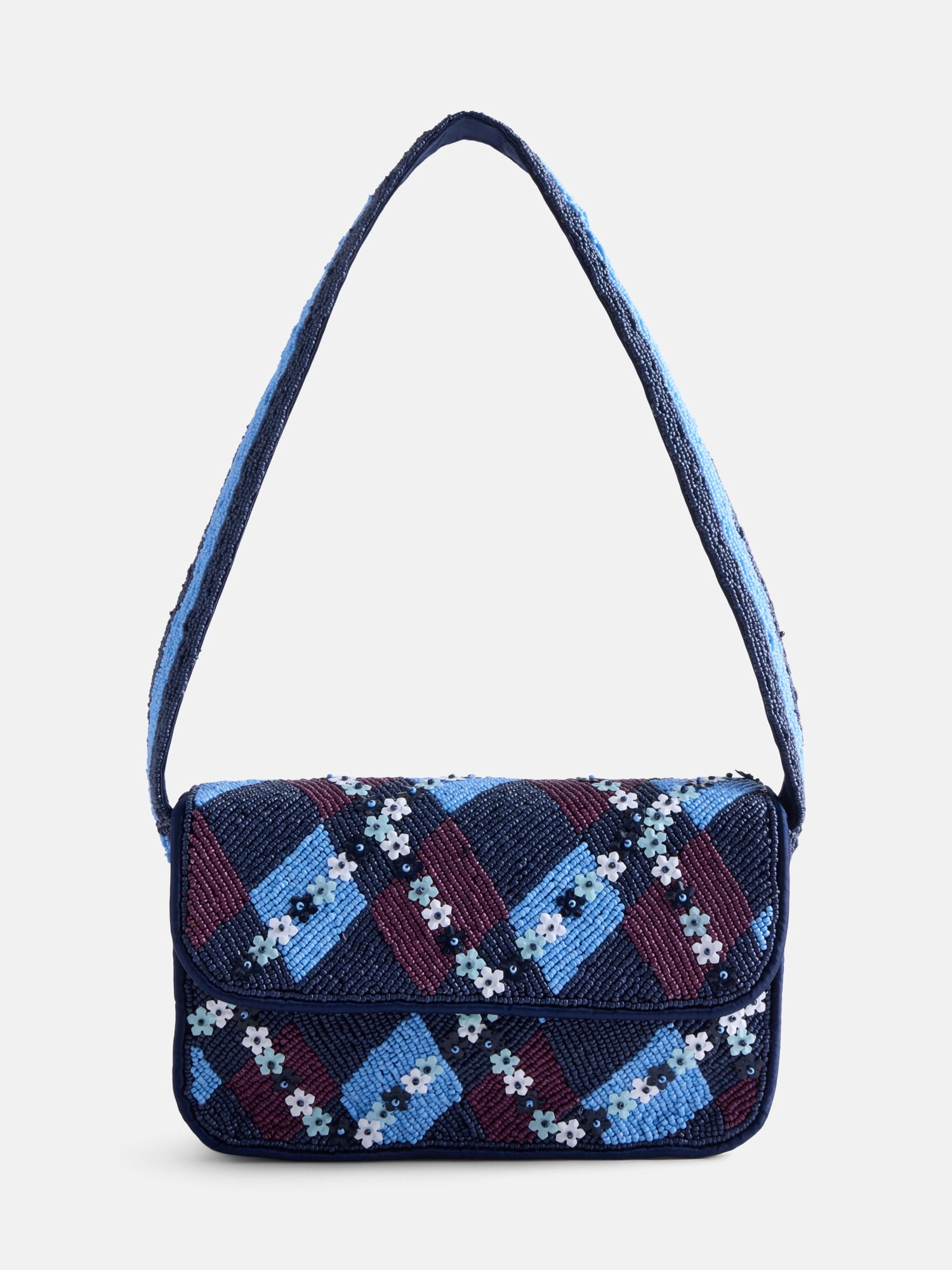 Free Assembly Women's Beaded Argyle Flap Shoulder Bag, Blue