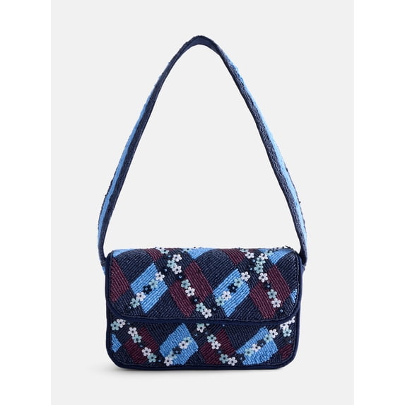 Free Assembly Women's Beaded Argyle Flap Shoulder Bag, Blue