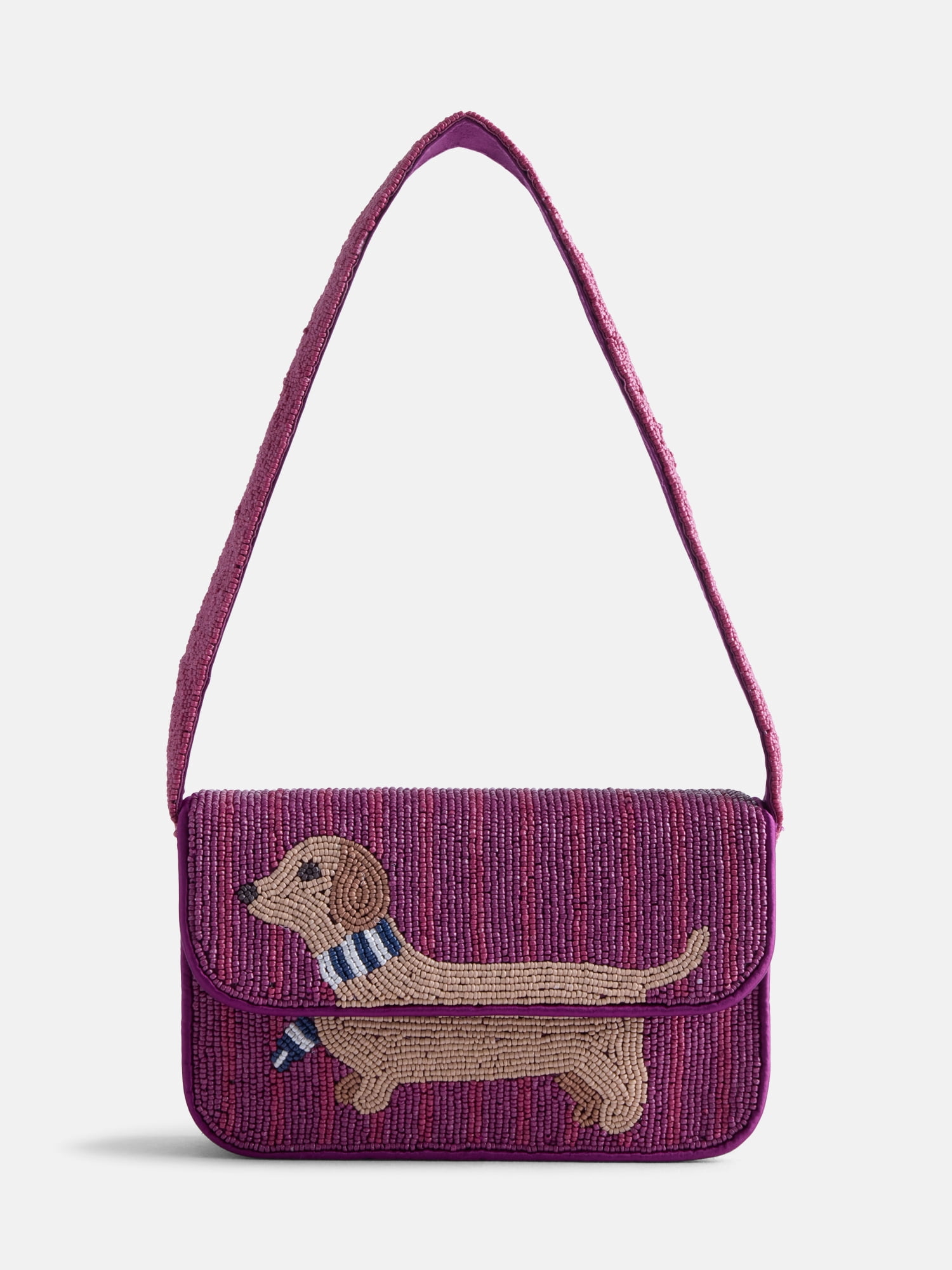 Free Assembly Women's Beaded Dachshund Flap Shoulder Bag, Maroon