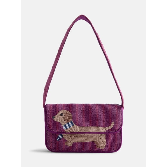 Free Assembly Women's Beaded Dachshund Flap Shoulder Bag, Maroon