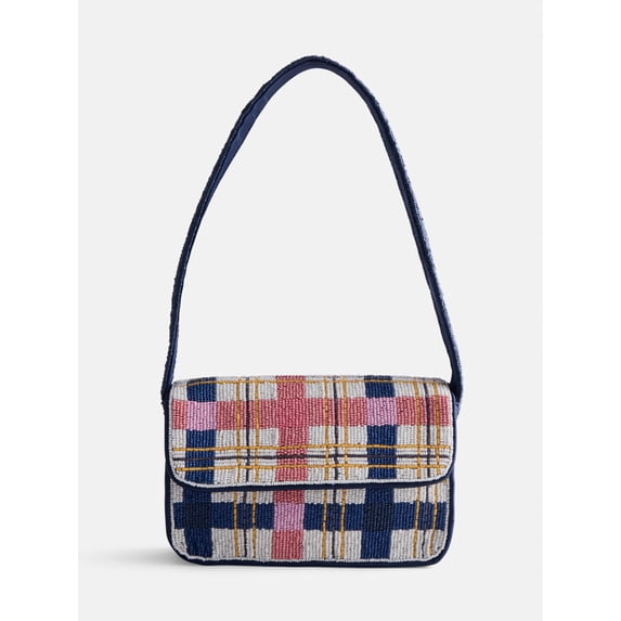 Free Assembly Women's Beaded Plaid Shoulder Bag, Multi