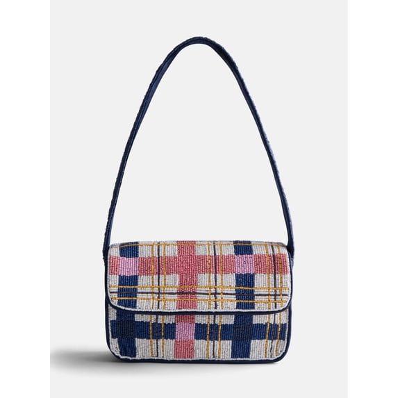 Free Assembly Women's Beaded Plaid Shoulder Bag, Multi