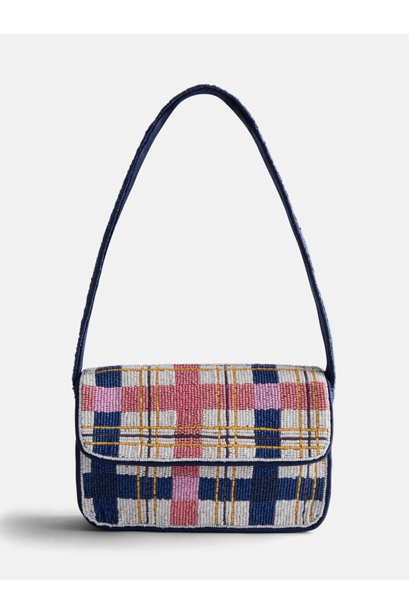 Women's Beaded Plaid Shoulder Bag, Multi