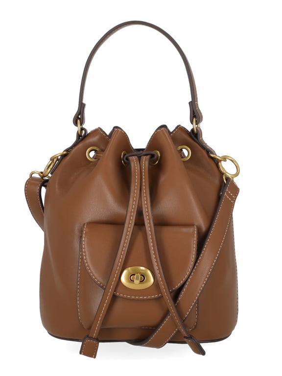 Women's Faux Leather Drawstring Handbag, Autumn Brown