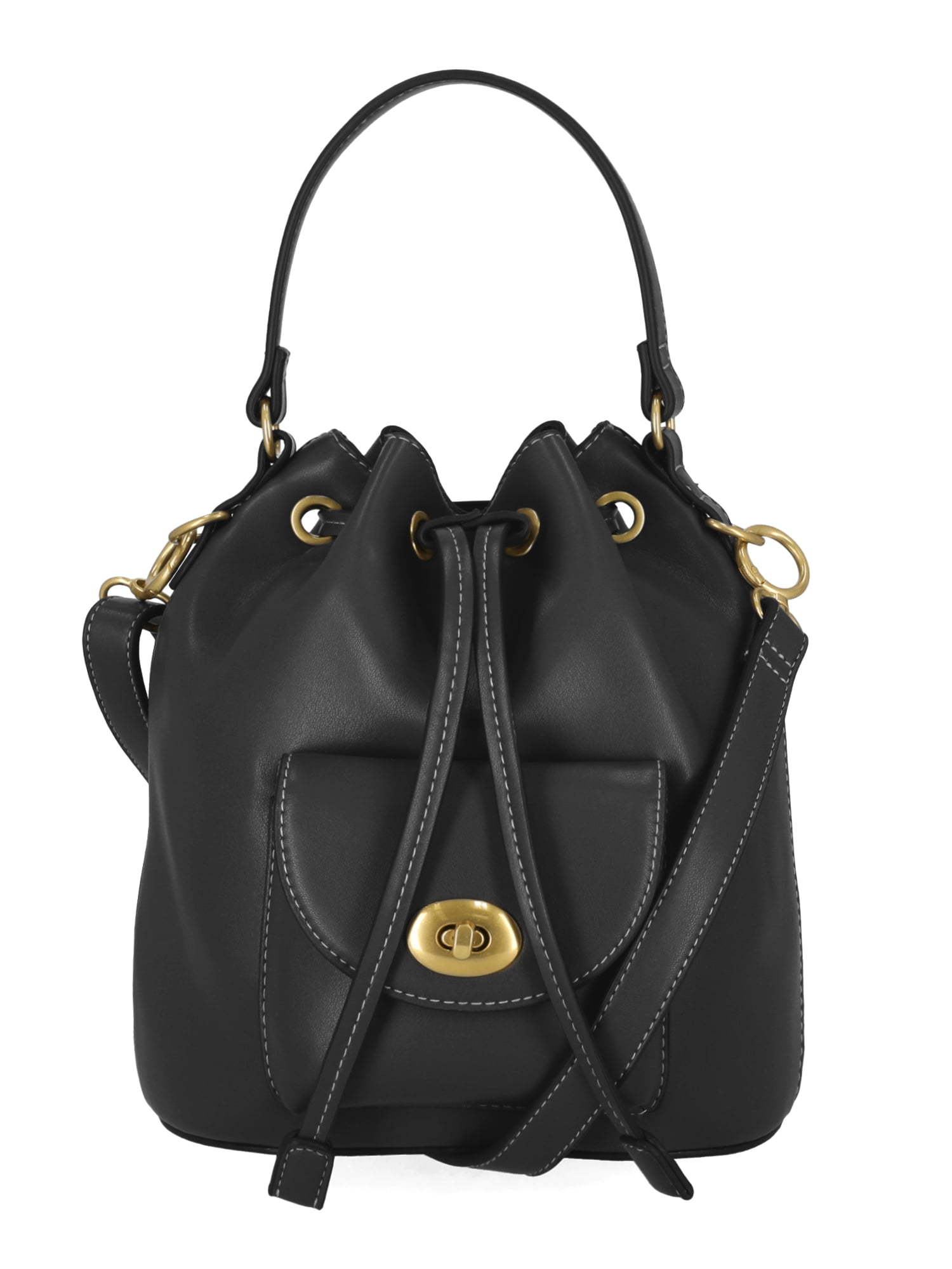 Free Assembly Women's Faux Leather Drawstring Handbag, Black