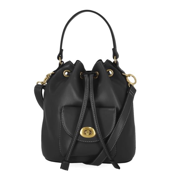 Free Assembly Women's Faux Leather Drawstring Handbag, Black