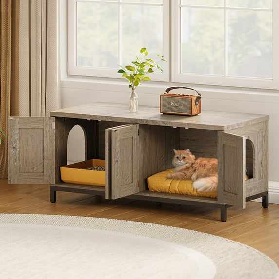 FA Cat Litter Box Enclosure, Indoor Wooden House for 2 Cats, Litter Box Furniture Hidden with Double Room, 43.3”L x 19.7”W x 19.7”H,Greige