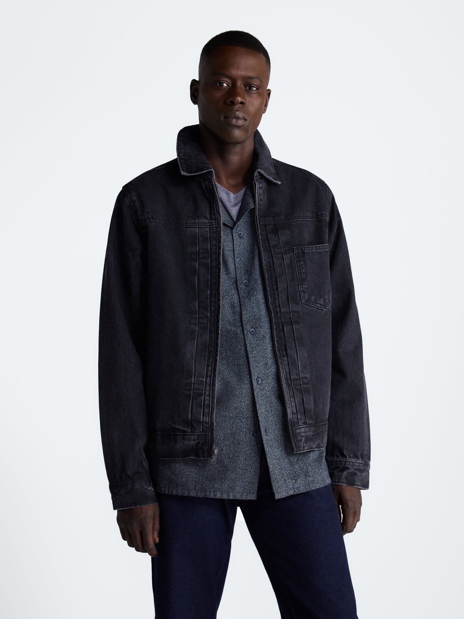 Free Assembly Men's Pleated Zip Front Denim Jacket, Sizes XS-3XL