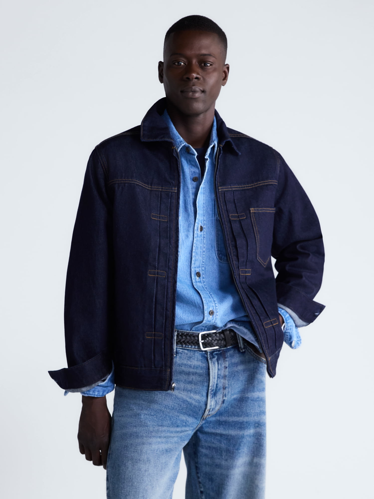 blue jean dress jacket Free Assembly Men's Pleated Zip Front Denim Jacket, Sizes Xs-3xl, Size: Large, Size:US 4P Aleta 1099 Sequin Long button-size-selector Mens denim perfect for a chic