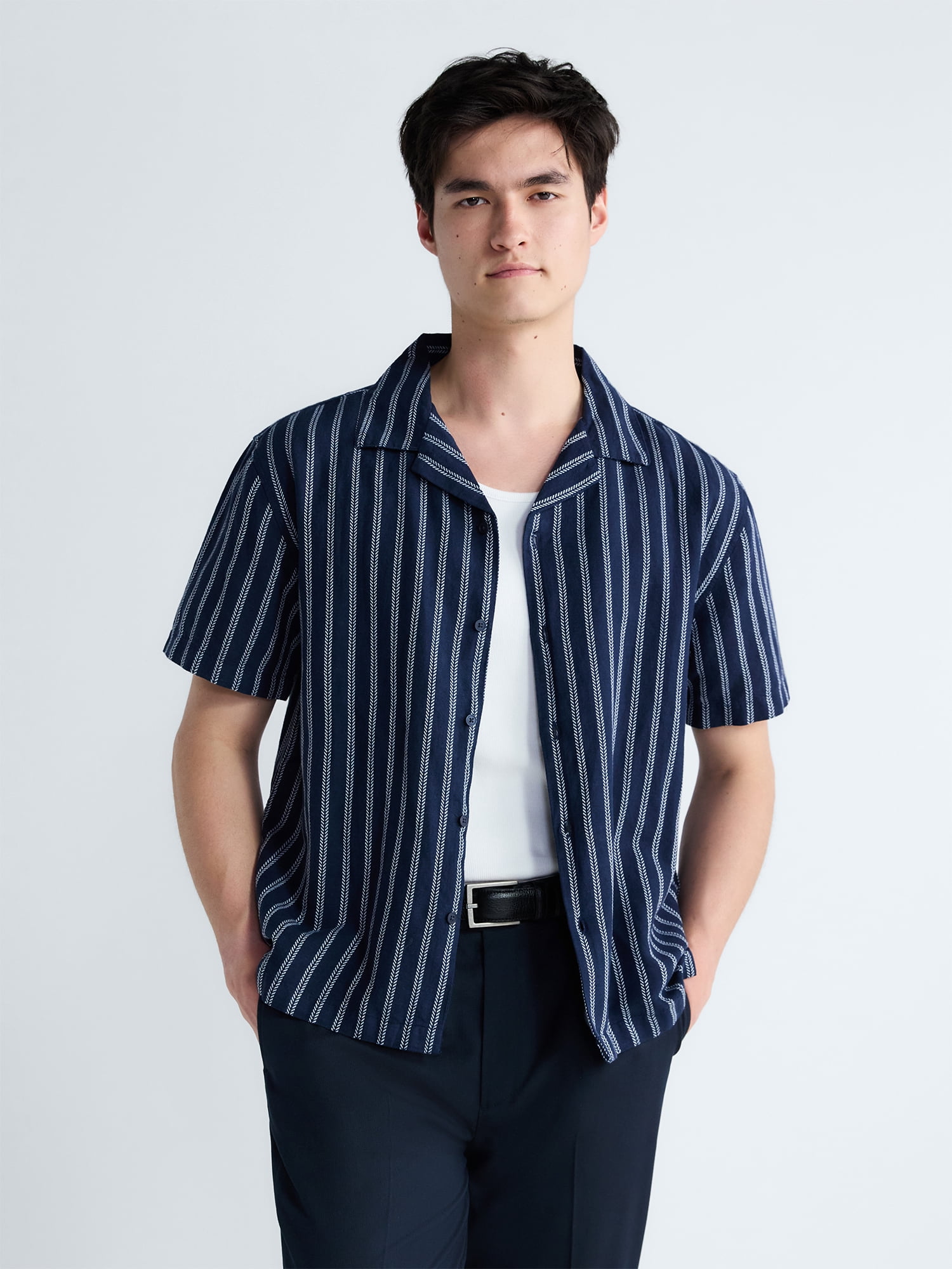 Free Assembly Men's Linen Blend Dobby Camp Shirt with Short Sleeves, Sizes S-3XL