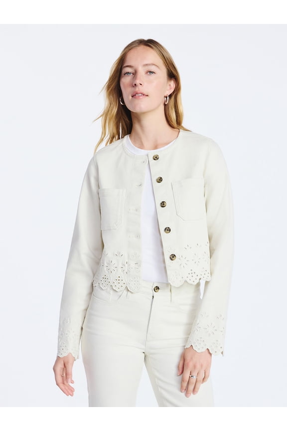 Women's and Women's Plus Embroidered Eyelet Denim Jacket, Sizes XS-4X